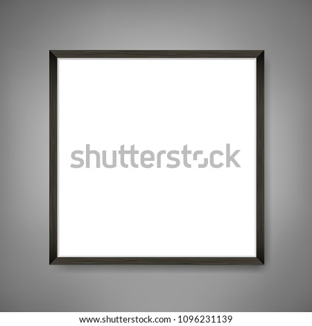 Square Blank picture frame template. Realistic black frame on grey wall for photo or poster.