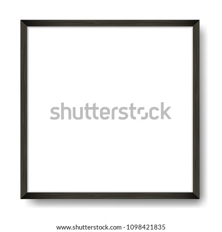Square Blank picture frame template. Realistic black wooden frame with shadow on white wall for photo or poster.