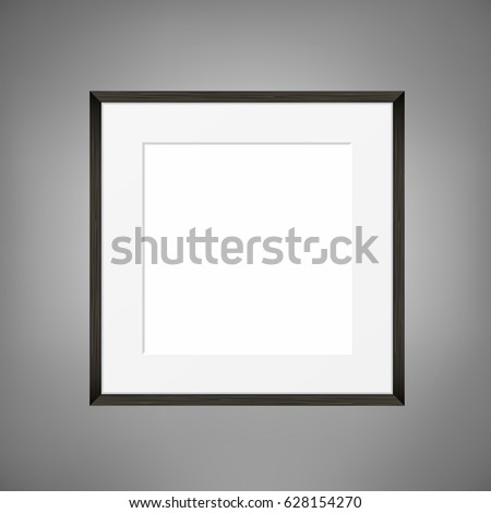 Square Blank picture frame template on grey wall. Realistic black frame
