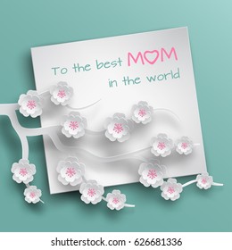 Square blank sheet of paper with congratulations text decorated branch of cherry flowers on green background for mother's day greeting card, paper cut out style. Vector illustration, layers isolated