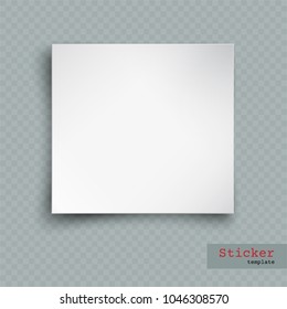 Square blank sheet of paper with curved corners, web banner, sticker or post note template for your design, soft shadow and space for text, isolated on transparent background, vector illustration