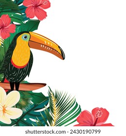 Square Blank Template with Toucan, Hibiscus, Plumeria, Palm Leaves and Monstera Leaves.