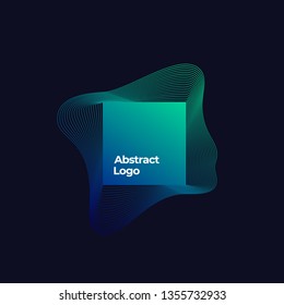 Square Blend Emblem  Abstract Vector Logo Template  Elegant Curved Lines and Frame   Green Blue Gradient  Dark Background 
