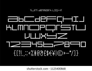 Square block geometric banner tape font, latin letters and numerals, simple modern blackletter display type that works for game screens and music bands covers, posters, prints, labels and packaging