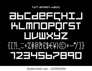 Square Block Geometric Banner Tape Font, Latin Letters And Numerals, Simple Modern Blackletter Display Type That Works For Game Screens And Music Bands Covers, Posters, Prints, Labels And Packaging