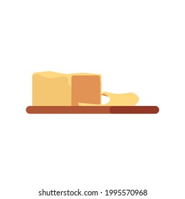 Square block of yellow cheese on a wooden cutting board, flat vector illustration isolated on white background. Piece of cheese an example of healthy diary or milk food.