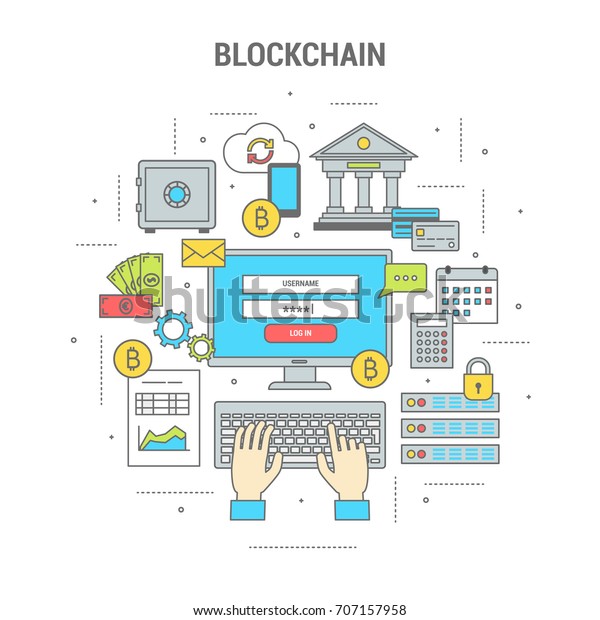 四角いブロックチェーンのコンセプトファイナンスバナーのフラットデザインラインアート ビットコインによる銀行と支払い お金の交換のアイコン セット ウェブサイト アプリケーション 印刷用のベクターイラスト のベクター画像素材 ロイヤリティフリー