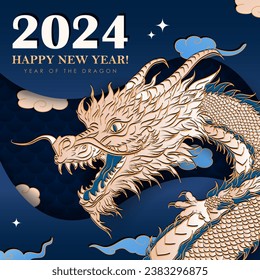 Square blue banner with hand drawn paper cut clouds, stars and golden Chinese dragon zodiac sign  for 2024 New Year. Greeting card in asian style for Christmas winter holidays for Year of the dragon