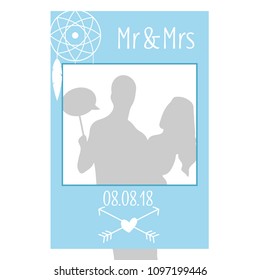 Square blue boho style photobooth frame with dreamcatcher, heart, arrow, Mr&Mrs, Forever and Date. Strike a Pose photoshooting.