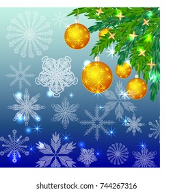 A square blue christmas background with snowflakes, coniferous branches, decorated with yellow balls, stars.