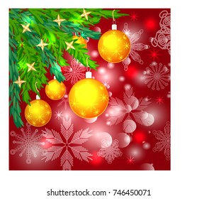A square blue christmas background with snowflakes, coniferous branches, decorated with yellow balls, stars.