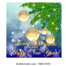 A square blue christmas background with snowflakes, coniferous branches, decorated with golden balls, stars. The inscription of Merry Christmas and a Happy New Year
