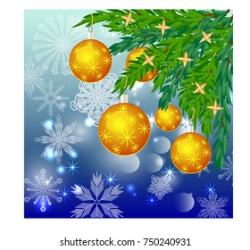 A square blue christmas background with snowflakes, coniferous branches, decorated with yellow balls, stars.