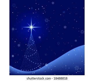 Square blue christmas card showing a  peaceful winter night scenery with a christmas tree and snowfall.
