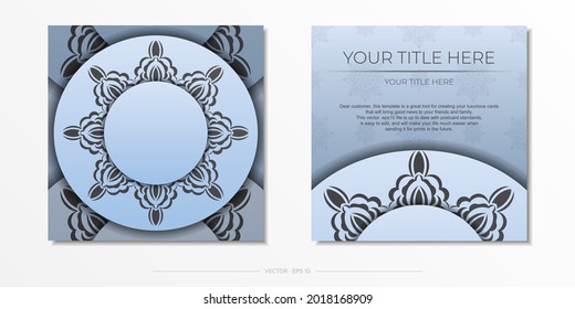 Square Blue color postcard template with luxury black ornament. Print-ready invitation design with vintage patterns.