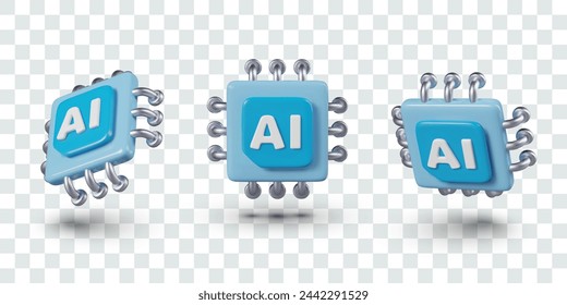 Square blue CPU with AI label. Vector realistic object in different positions