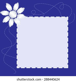 The square blue frame with embroidered flower and stitching. Vector illustration