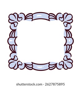 Square blue frame for painting and mirror. Carved ornate frame for museum and art gallery. Antique mascot, framework with blank space in Victorian style, cartoon vector illustration