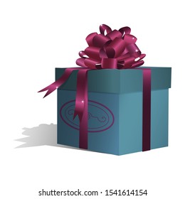 Square blue gift box with purple red bow and decorative pattern on one side. Isolated on white background with shadow. Vector illustration.