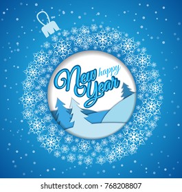 Square blue greeting card. Christmas ball made of snowflakes with a picture inside winter forest and the text Happy New year.