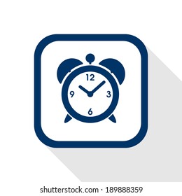 square blue icon alarm clock with long shadow