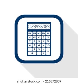 square blue icon calculator with long shadow - set of digital numbers - symbol of count, calculation, account and math