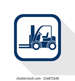 square blue icon forklift truck with long shadow - symbol of logistic, building, safety and transport of goods