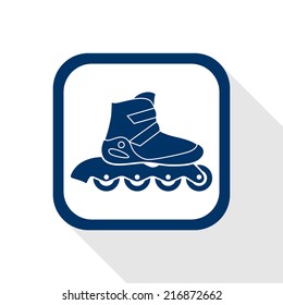 square blue icon  inline roller skate boot with long shadow - symbol of rollerskating, sport, recreation and motion