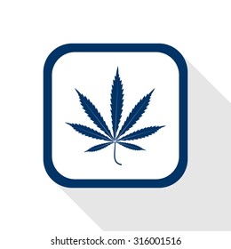 square blue icon leaf marijuana with long shadow - symbol of medical cannabis, hemp, healing 