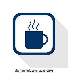 square blue icon with long shadow - cup of tee or coffee - symbol of cafe, tearoom, hot drink, break, pause