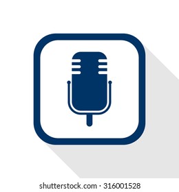 square blue icon microphone with long shadow - symbol of music, audio, communication, karaoke, media, radio, sound 