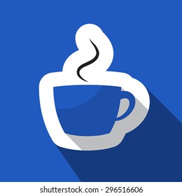 square blue information icon with white outline and shadow - blue cup with black smoke