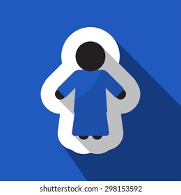 square blue information icon with white outline and shadow - blue and black silhouette of woman