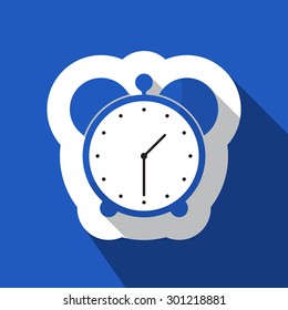 square blue information icon with white outline and shadow - blue and black alarm clock