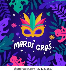 Square Blue Mardi gras carnival background with colorful flat elements design