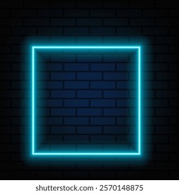 Square blue neon frame on brick wall. Minimal border. Space for text. Shiny sign. Editable stroke..