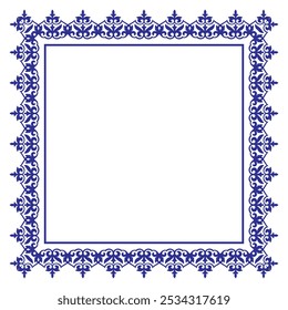 Cuadrado azul sobre marco de adorno nacional kazajo blanco. Ornamento nacional turco. Detalle y elemento para diseño y postales, chorro de arena, cerámica, patchwork, bordes y marcos. 