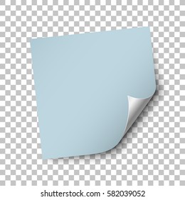 Square blue paper sticker template with bent edge. Isolated on transparent background. Vector illustration, eps 10.