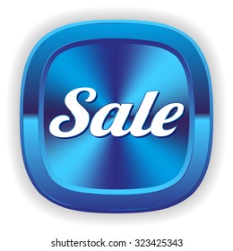 Square blue sale button on white background