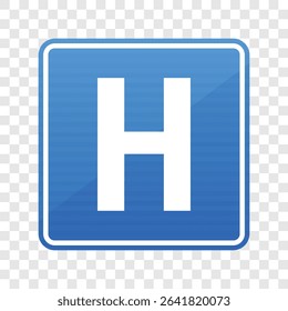 A square blue sign displays a white 'H', typically used to indicate the location of a healthcare facility, such as a clinic, doctor's office, or hospital.