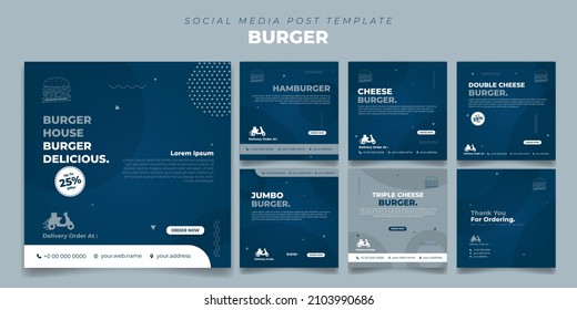 Square blue social media post template with simple circle design. social media advertisement template with burger design. Also good template for online advertisement design.