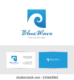 Square blue wave icon and business card design template. Can be used for water sports or cosmetics logo concept.