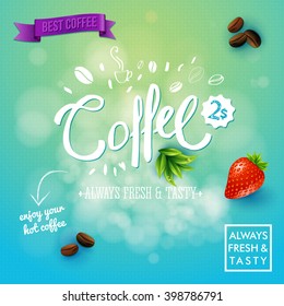 Square blue and yellow gradient background with strawberry, beans, leaves, logos and conceptual coffee sale symbols