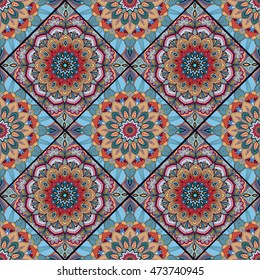 Square Boho Flower Tile Pattern. Mandala patchwork, floral elements. Oriental hippie design. Unusual decorative ornament. Wallpaper, fabric print, furniture textile, pillow deco. Vector background