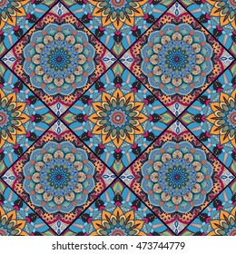 Square Boho Flower Tile Pattern. Mandala patchwork, floral elements. Oriental hippie design. Unusual decorative ornament. Wallpaper, fabric print, furniture textile, pillow deco. Vector background
