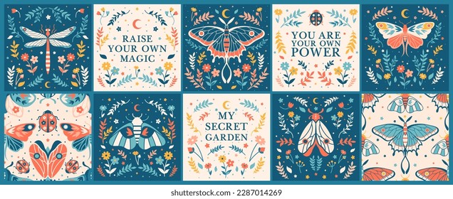 Square boho mystic botanical prints and folk seamless patterns with insects, moth, herbs, sacred positive affirmations.Moonlight witchcraft graphic with inspirational slogans in bloom frames.