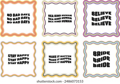 Square boho retro frames with colorful wavy lines and motivational quotes	