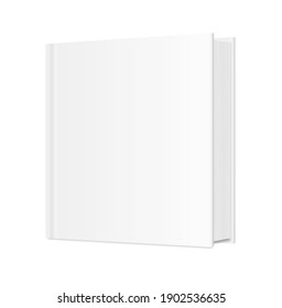 Square Book Mockup. 3d Vector Realistic. Empty Template. Standing closed book with white hardcover. Blank Magazine, album, catalog or diary on white background. EPS10.