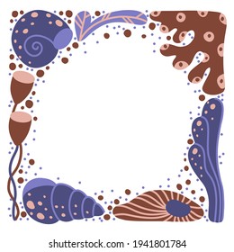 Square border of cartoon seaweed, shell, coral. Dark blue, brown ocean frame with hand drawn marine elements, copy space. Flat vector illustration on white. Template for childish banner, poster, card