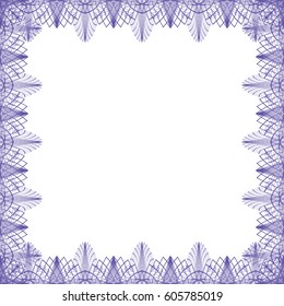 Square border frame, abstract lace contour on white (transparent) background. Vector illustration for invitations, banknotes, diplomas, certificates, tickets and other papers security design